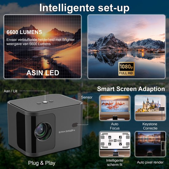 Erikssøn Beamer Prime - Ingebouwde Krachtige Speaker - 6600 Lumen - 1080P Full HD - Wifi Projector - Streamen vanaf je telefoon - Mini Beamer - Beamers - IOS & Android - Smart - Zwart