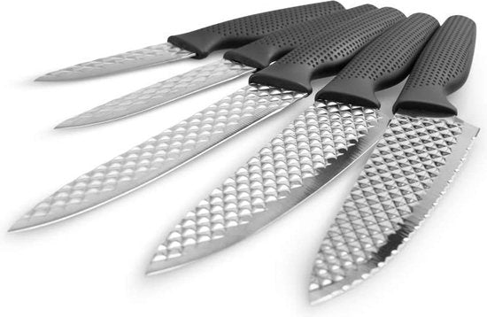 Harry Blackstone Airblade-messenset - Scherpe en duurzame keukenmessen - Koksmessen met antiaanbaklaag - Set van 5 messen voor elke gelegenheid
