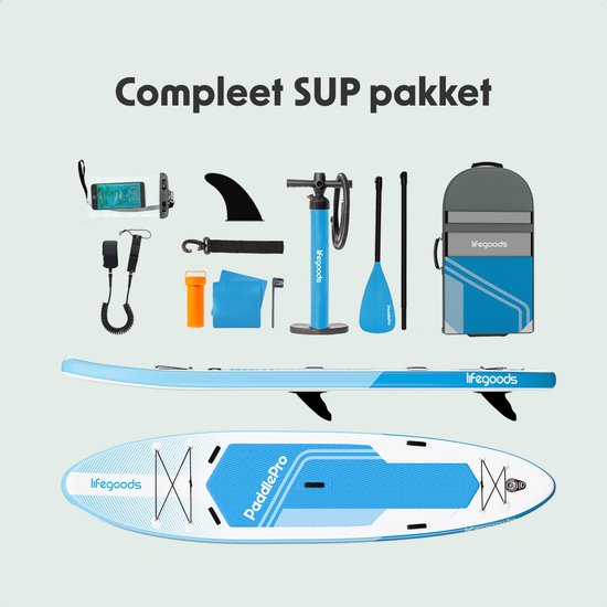 LifeGoods SUP Board Tandem - 2 Personen - 220 KG Draagkracht - 381 x 86 cm - Opblaasbaar - Compleet Sup pakket - Sky Blue