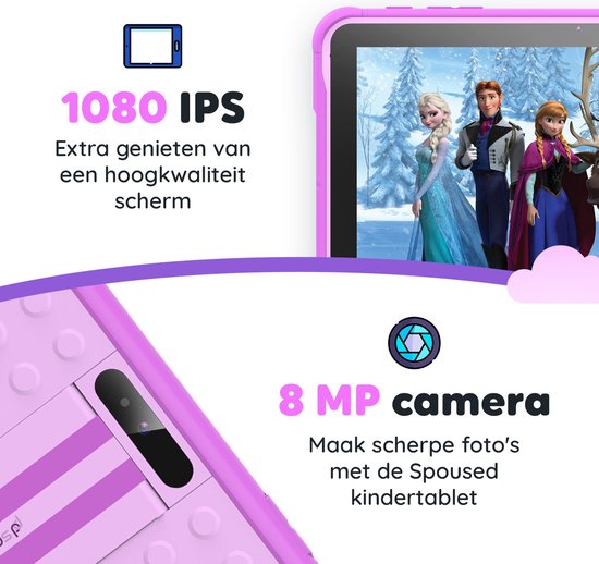 Spoused Kindertablet – 10.1 Inch – Kindertablet vanaf 3 jaar – 64GB – 4GB RAM– 6000 mAh Batterij - Incl. Beschermhoes & Ouder Control app – Paars