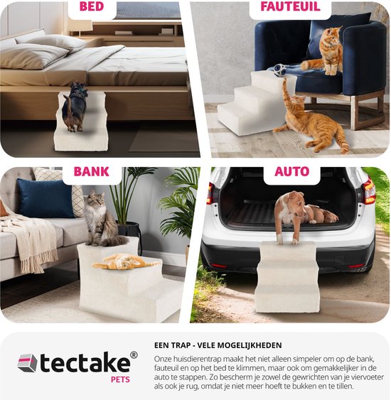 Tectake® Hondentrap en Kattentrap - Huisdiertrap - Instaphulp met Wasbare Hoes - Extra Platte Treden - (beige, 37 x 45 x 34,5 cm, 3)