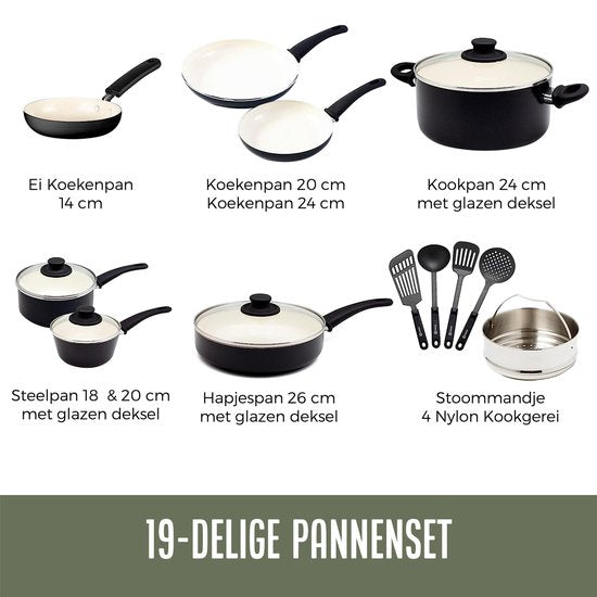 COOCK 19-Delige Pannenset Inductie - Speciale Anti-Aanbak Coating - Ergonomische Koudgrepen - Gerecycled Aluminium - koekenpannenset - kookpottenset - Zwart/Wit - Inclusief Onderzetters en E-book