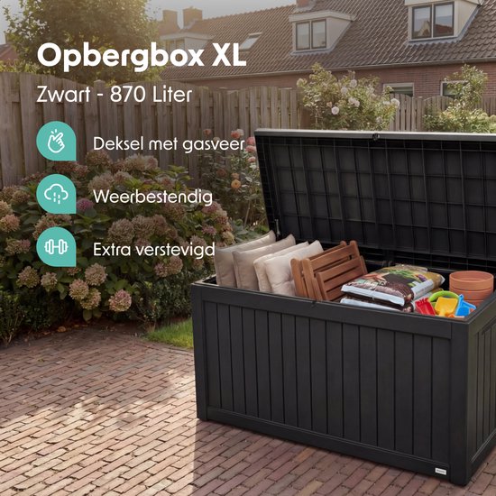 LifeGoods Opbergbox - 870L - Kussenbox - Waterdicht - Tuinkussenbox - Roestvrij - Tuinbox - 146.5x81.5x85.6 cm - Zwart