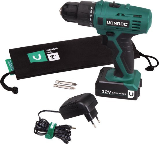 VONROC Accuboormachine – 12V Li-Ion – Incl. 1x accu, sneloplader, schroefbits & opbergtas