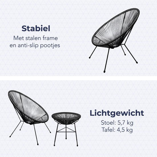 LifeGoods Acapulco Bistroset - 3-Delig - Tuinset met Bijzettafel - Zwart