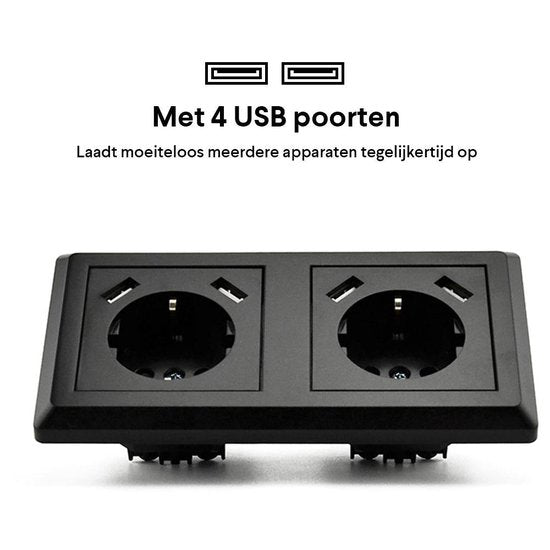 Homra Brock Dubbel USB Stopcontact Zwart - Inbouw Wandcontactdoos - Glanzend Kunststof - Zwarte Wanddoos - Contactdoos - 5.600mA - 220 volt - USB Oplader - Snel Opladen - Fast Charge - Randaarde - 80x80mm