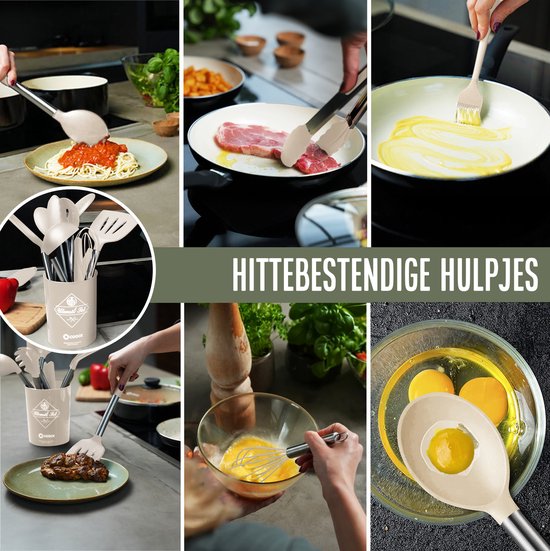 COOCK Siliconen Keukengerei Set met Houder XL - Kookgerei Set 26 delig - BPA-Vrij & Plastic Vrij - Ophangbaar - Incl. Opener - Beige