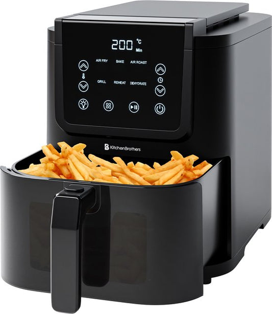 KitchenBrothers Airfryer XL - 5L - 1500W - Heteluchtfriteuse - 60ºC tot 200ºC - Small design - Extra stil - 6 Kookprogramma's - Zwart