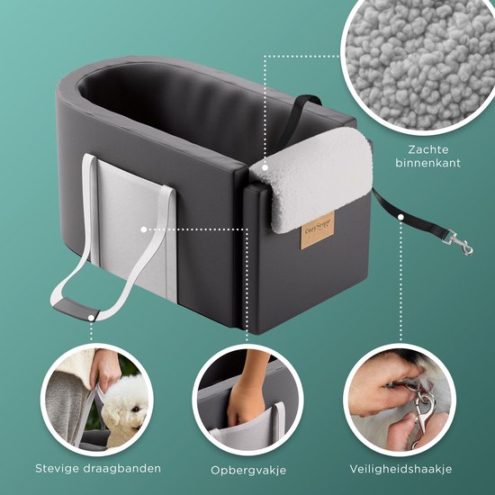 CozySense® Honden Autostoel - Hondenmand Auto met Wasbare Hoes - Voor Kleine Hond - Past in Middenconsole - Ook als Draagtas - Zwart/Grijs