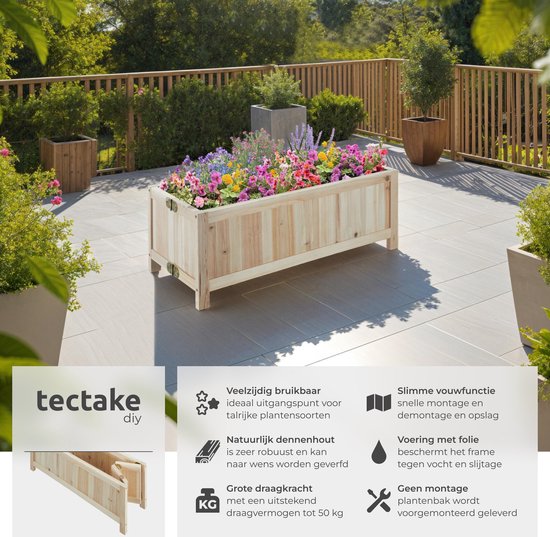 tectake® Verhoogde Plantenbak Blomster - Bloembakken voor buiten Rechthoekig - Inclusief folie - Opvouwbare Houten Bloembak - Stabiel en Weerbestendig - 70 x 30 x 25 cm - Tuinbed voor Kruiden, Groenten en Bleomen - Antraciet