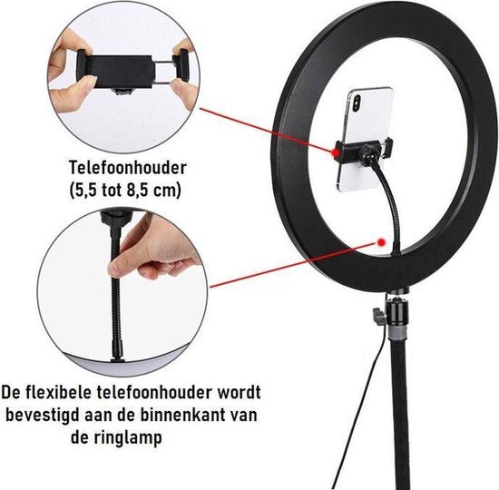 Magnify® 10" Ringlamp met Statief - 186cm Hoog - 2 Telefoonhouders - Bluetooth Shutter - TikTok - 99+ Kleuren - Inclusief Mini Statief