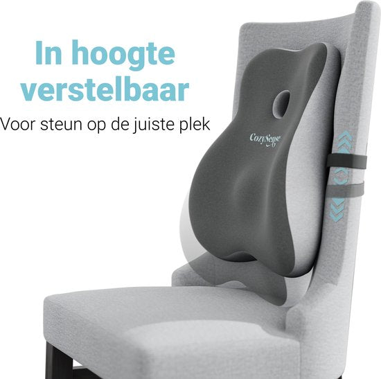 CozySense® Rugsteun - Verstelbaar Rugkussen Onderrug - Lendekussen voor Auto, Bureaustoel, Bed & Bank - Ergonomisch - Met Coolgel - Wasbare Hoes