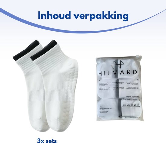 Hilvard Pilates sokken - Yoga sokken - Enkelsokken - 3 Paar - Wit en Zwart - Anti-slip sokken - One size fits all