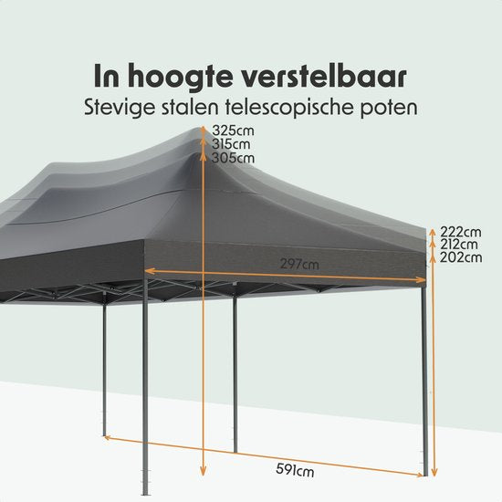 LifeGoods Partytent - Paviljoen - EasyUp - Opvouwbaar - Waterdicht - Met Draagtas met wieltjes - 300 x 600 cm - Antraciet