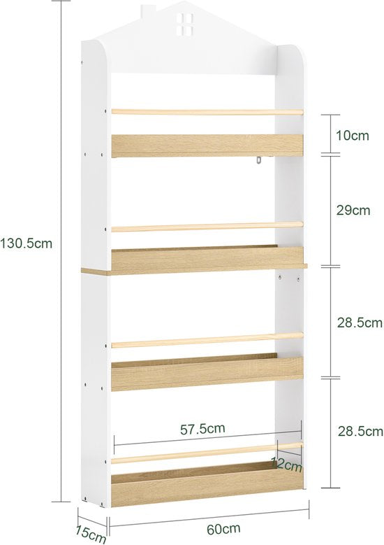 SoBuy KMB121-WN Boekenkast voor kinderen, 4 niveaus, meubels, speelgoed, boekenkast, opbergkast, plank, slaapkamer, wit/naturel, 60 x 15 x 130,5 cm