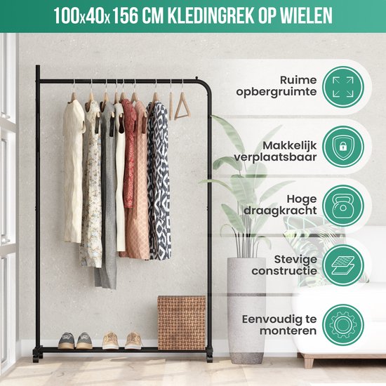 Avalo Kledingrek op Wieltjes Zwart - Metaal - 100x40x156 - Opbergruimte Voor Schoenen