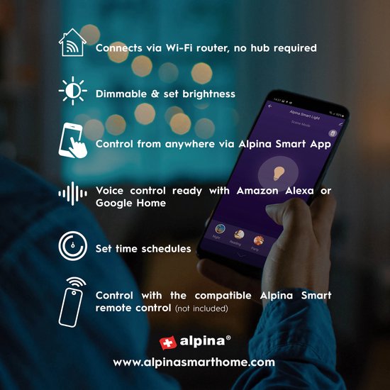 alpina Smart Home RGB Lamp - GU10 - 5W - WW + RGB - Slimme verlichting - LED - App Besturing - Spraakbediening - Amazon Alexa - Google Home