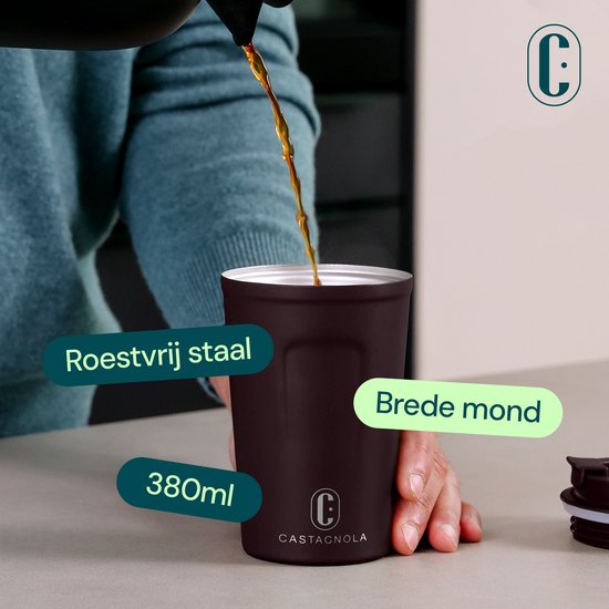 Castagnola Thermosbeker - Koffiebeker To Go - Travel Mug voor Koffie en Thee - Theebeker - 380 ML - RVS - Donkerbruin