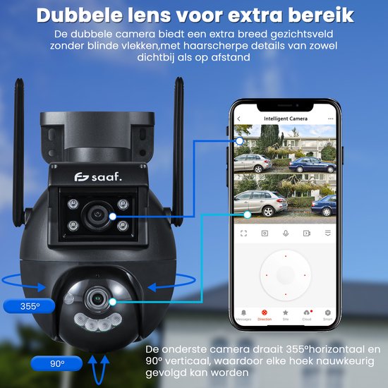 Beveiligingscamera Buiten - 2 Stuks - Wifi en 256GB - Buiten Camera met Nachtzicht - Dubbele Lens - Zwart - van Saaf