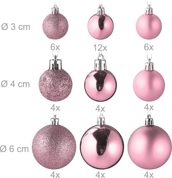 kerstballen set van 100 - plastic - mat - glanzend - glitters - 10 designs - roze