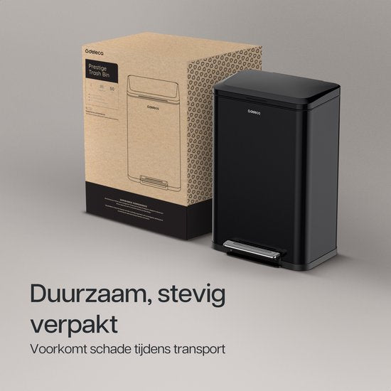 Deleca Prullenbak Prestige - 50 Liter - Breed - RVS Vuilnisbak / Afvalemmer / Pedaalemmer - Met Voetpedaal en Slow Close - Mat Zwart