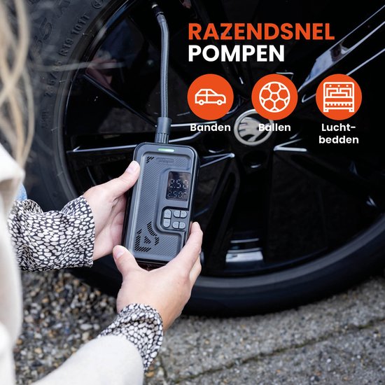 QLT Luchtcompressor met Opbergvak – Draadloze Mini Compressor met LED Drukindicator, SOS-Functie en Accessoires voor Auto, Fiets of Luchtbed