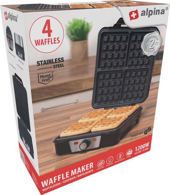 alpina Wafelijzer - Brusselse Wafels - Antiaanbaklaag - 4 Wafels - 1200W