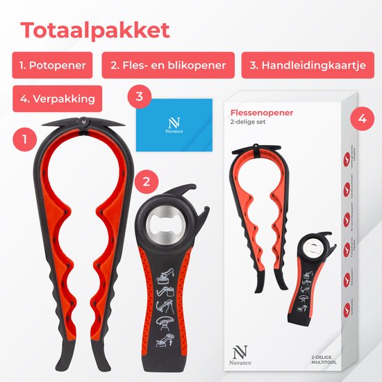 Nuvance Blikopener - 10 in 1 - Flesopener - Potopener - Bieropener - Keukenhulp - Opener - Rood