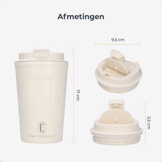 Castagnola Thermosbeker - Koffiebeker To Go - Travel Mug voor Koffie en Thee - Theebeker - 380 ML - RVS - Offwhite
