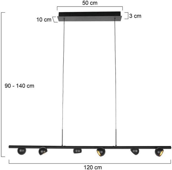 Zwarte hanglamp Marcadore 120cm breed 6 lichts met draaibare reflector kogels, verstelbaar in hoogte, van Steinhauer van kunststof en metaal, modern retro stijl, voor binnen gebruik