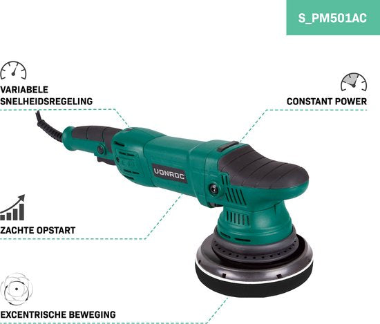 VONROC Excentrische polijstmachine - poetsmachine – 1050W – Ø150MM – Soft start – Incl. 4 schijven, steunschijf & tas
