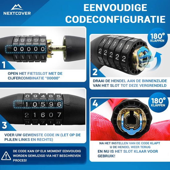 NEXTCOVER® Cijferslot Fietsslot - Het origineel - [SAFESECURE] Hoge veiligheid - Fietssloten met 5-cijferige cijfercode, cijferslot fiets staal - Fietsslot perfect voor e-bike - Kettingslot Rood
