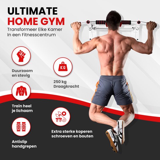 TTD® Premium Pull Up Bar - Pull Up Station - Optrekstang Wandmontage - Dip Station - Dip Bars - Thuis Sporten - Thuis Fitness - Premium materialen - Extra stevige montage onderdelen - Home workout - Wit/Rood