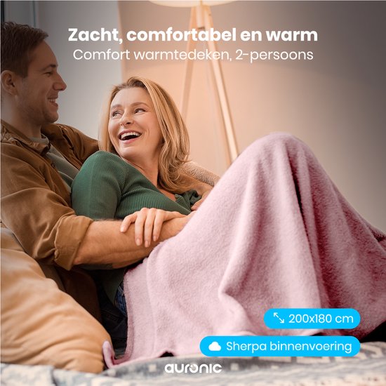 Auronic Elektrische Deken - 200x180cm - Warmtedeken - 2 Persoons - Sherpa Fleece - 9 Hitte en Timerstanden - Bovendeken - Verwarmingsdeken - Roze