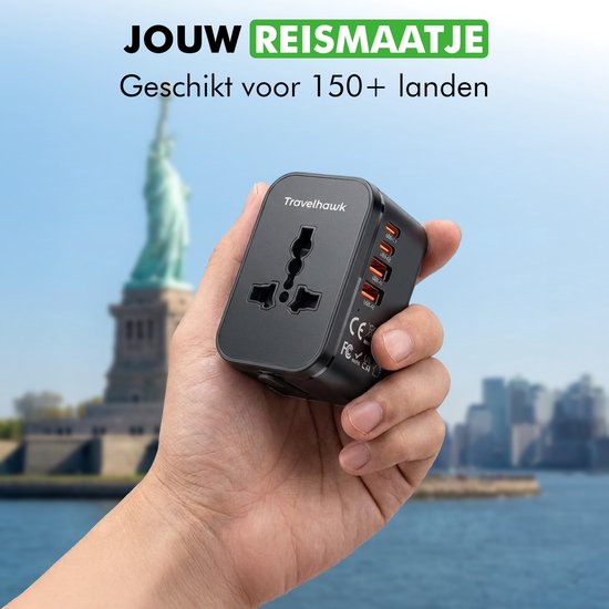 Travelhawk Wereldstekker met 2x USB-C en 2x USB Poort - Reisstekker - USB stekker - Internationale Reisstekker voor 150+ landen - Amerika (USA) - Engeland (UK) - Australië - Azië - Zuid Amerika - Afrika - Wereldstekkers - Zwart