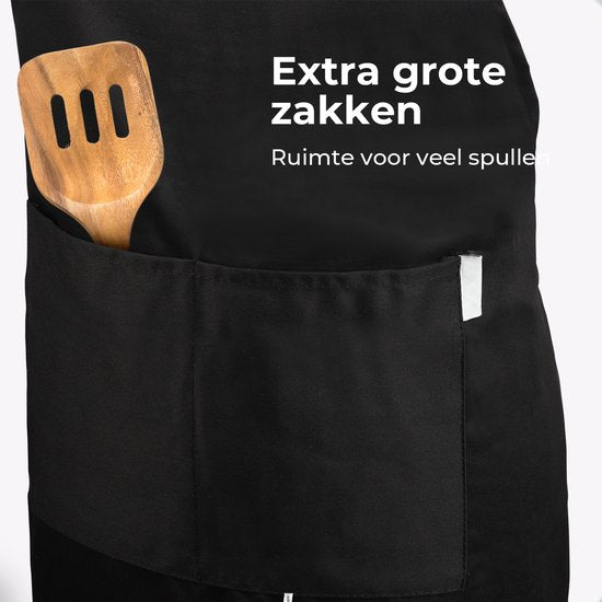 Keukenschort - Water- en vuilafstotend - Professioneel Kookschort - Schort voor Dames en Heren - Horeca Sloof - Unisex - Verstelbare Gesp - Extra Grote Vakken - Zwart