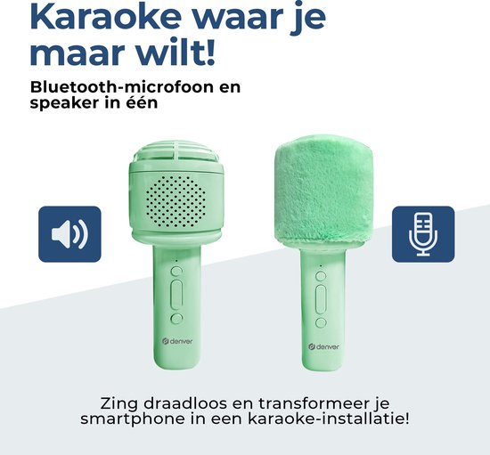 Denver Karaoke Microfoon Bluetooth – Draadloos – Speaker met Fluffy Afwerking – Karaoke Set – AUX - MicroSD – KMS30GN