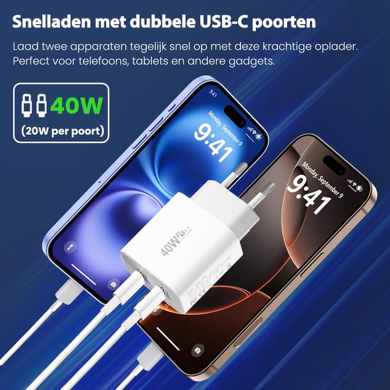 USB C Oplader - 40W - met 2x USB C naar USB C kabel - Snellader - 2 Oplaadpoorten - Wit - van Faas
