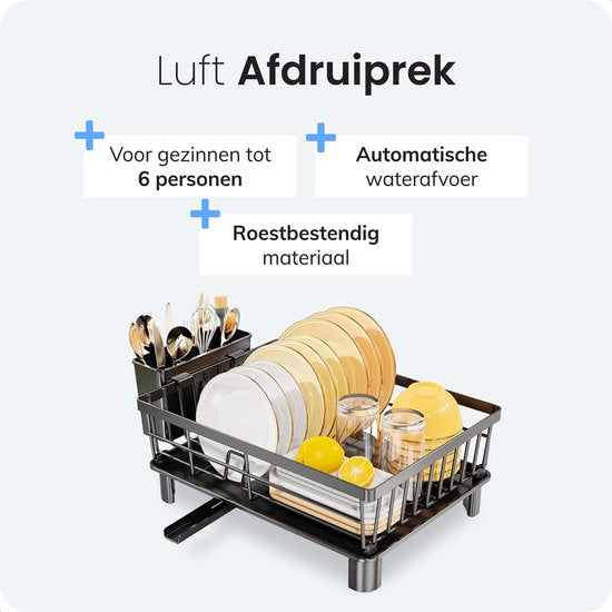 Luft Afdruiprek met Lekbak - Afwasrek - Droogrek voor Afwas - Zwart - Afdruipmat - Ideaal voor Keuken & Camping - RVS