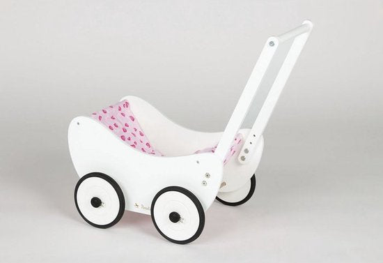 Pinolino Houten Poppenwagen "Trixi" - Schattige en Duurzame Wieg – Massief Beukenhout met Dekbed 'Hartjes' - wit