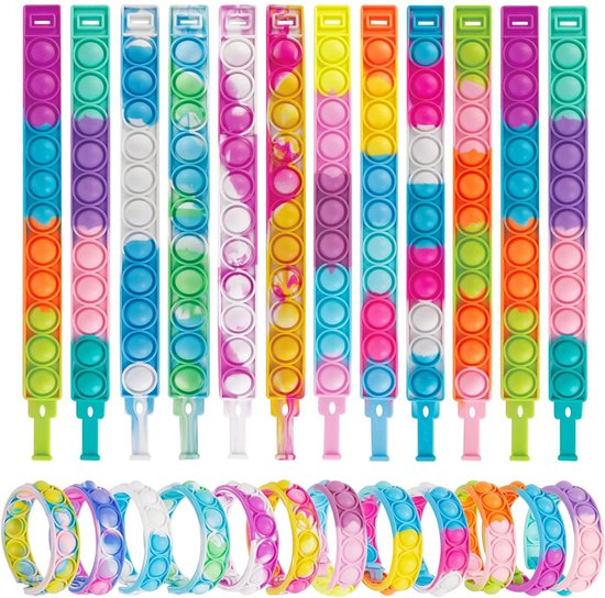 Partizzle 24x Fidget Toys Pop It Armbanden Pakket - Armbandjes Uitdeelcadeautjes - Grabbelton Traktatie Cadeautjes - Voor Kinderen & Peuters