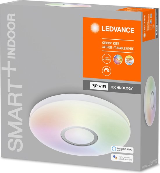 LEDVANCE Slimme led-wand- en plafondlamp voor binnen met wifi-technologie, lichtkleur veranderbaar (3-K-65-K), RGB-kleuren veranderbaar, wit, 34-mm, compatibel met Google en Alexa, SMART+ ORBIS KITE RGBW