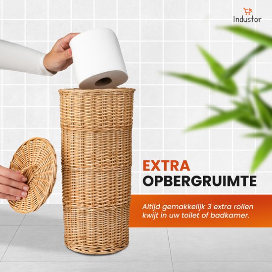 Industor® Toiletrolhouder Staand van handgevlochten Riet - Wc rolhouder voor 3 Rollen met Deksel - Toiletrolhouders, Badkamer Accessoires en Decoratie