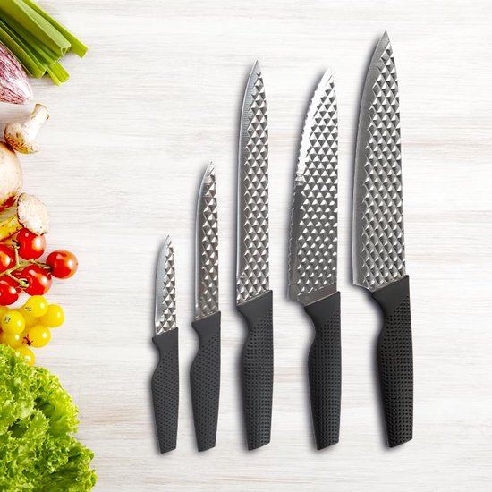 Harry Blackstone Airblade-messenset - Scherpe en duurzame keukenmessen - Koksmessen met antiaanbaklaag - Set van 5 messen voor elke gelegenheid