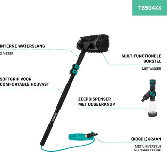 VONROC Telescopische Wasborstel – 1,80m - Incl. Borstelkop, waterslang en zeepdispenser