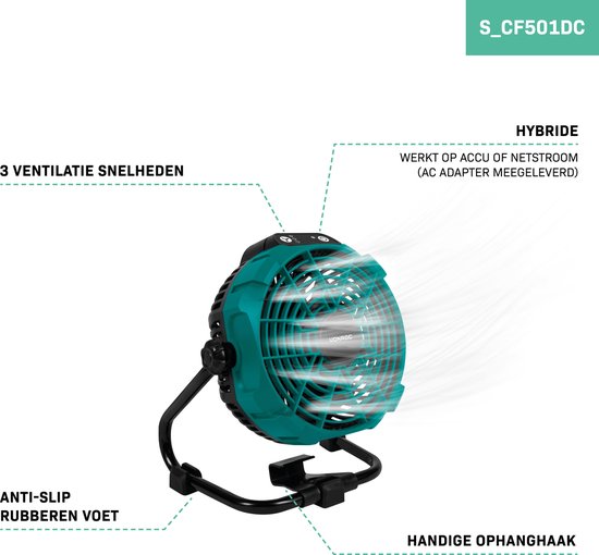 VONROC Ventilator 20V - voor draadloos en bedraad gebruik - Incl. netstroom adapter - Incl. 20V – 2.0Ah accu en snellader