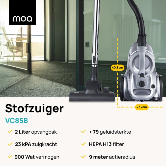 MOA Stofzuiger Zonder Zak - Inclusief HEPA H13 Filter - Combi Zuigmond - Stofzuiger - 900W - Grijs