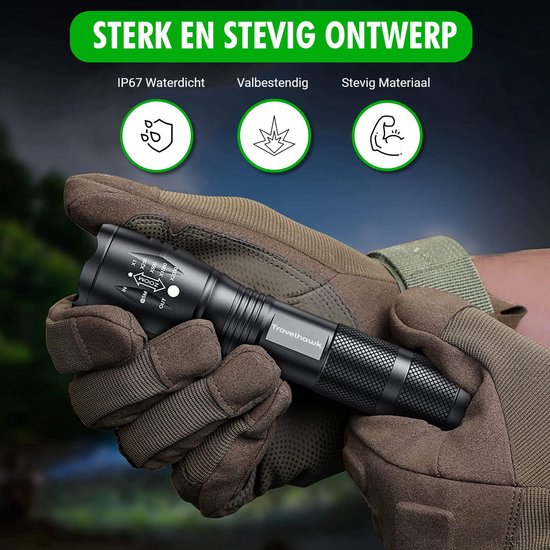 Travelhawk Zaklamp - Zaklamp Led - Zaklamp Militaire - 1000 Lumen - Waterproof - 2 stuks