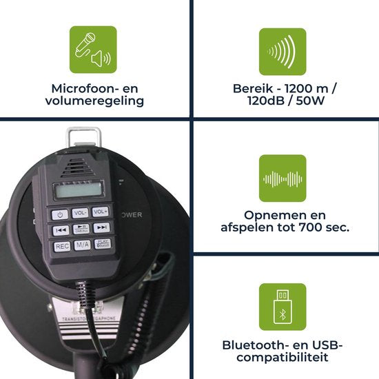Velleman Megafoonset 50W met sirene, inclusief batterijen, 700s opname, volumeregeling, Bluetooth, USB, handmicrofoon, 1200m bereik, 120dB, draagbaar ABS design, mat zwart