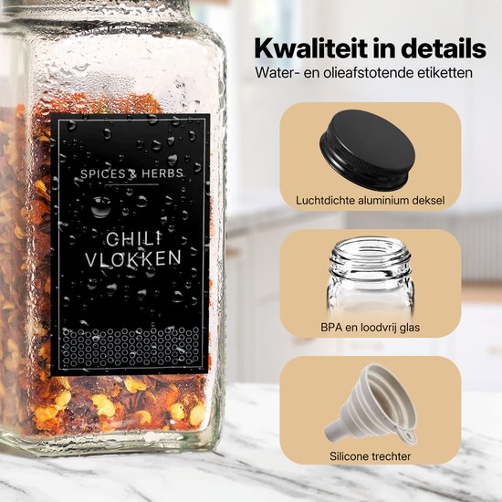 S.oud 36 Glazen Kruidenpotjes Vierkant met Deksel en Stickers - Kruidenstrooier - Kruidenglasjes - Complete set met 2 Soorten Strooideksels, Voorbedrukte Stickers en Trechter - 120 mL